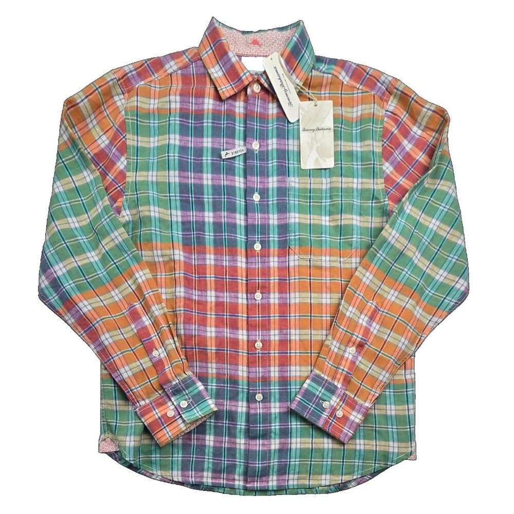 Tommy Bahama Barbados Breeze Stretch Linen Shirt Mens XXL Peach Melt Plaid